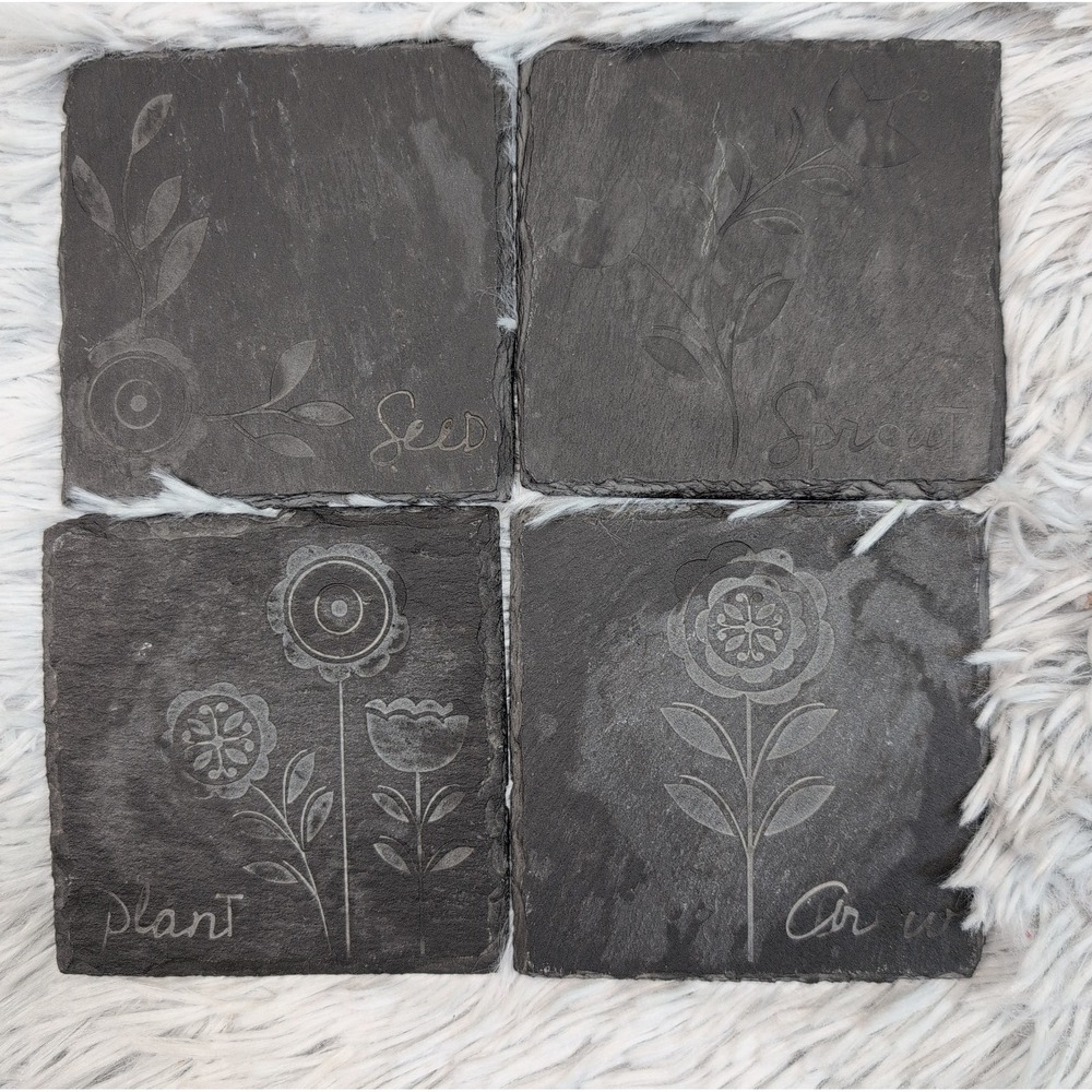 Set of 4 Natural Slate Square Drink Coasters 4"X4" Stone Garden Engraved